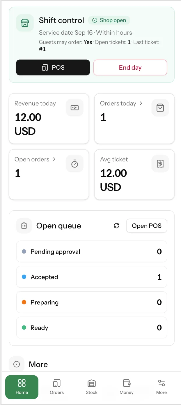 Mobile shift dashboard with open order queue